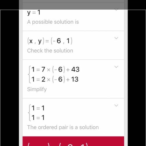 Solve the system of equations. y = 7x + 43 y = 2x + 13