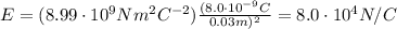 E=(8.99 \cdot 10^9 N m^2 C^{-2} ) \frac{(8.0 \cdot 10^{-9} C}{0.03 m)^2}=8.0 \cdot 10^4 N/C