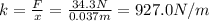 k= \frac{F}{x}= \frac{34.3 N}{0.037 m}=927.0 N/m