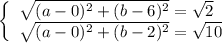\left\{\begin{array}{l}\sqrt{(a-0)^2+(b-6)^2}=\sqrt{2}\\\sqrt{(a-0)^2+(b-2)^2}=\sqrt{10}\end{array}\right.