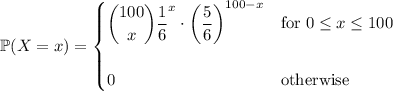 \mathbb P(X=x)=\begin{cases}\dbinom{100}x\dfrac16^x\cdot\left(\dfrac56\right)^{100-x}&\text{for }0\le x\le100\\\\0&\text{otherwise}\end{cases}