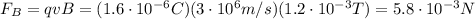 F_B = qvB = (1.6 \cdot 10^{-6} C)(3 \cdot 10^6 m/s)(1.2 \cdot 10^{-3}T)=5.8 \cdot 10^{-3}N