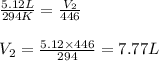 \frac{5.12L}{294K}=\frac{V_2}{446}\\\\V_2=\frac{5.12\times 446}{294}=7.77L