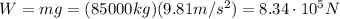 W=mg=(85000 kg)(9.81 m/s^2)=8.34 \cdot 10^5 N