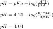 pH=pKa + log( \frac{ [A^{-}]}{[HA]} ) \\  \\ pH=4,20 + log ( \frac{0,170 M}{0,245} ) \\  \\ pH=4,04