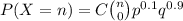 P(X=n)={C}\binom{n}{0}p^{0.1}q^{0.9}