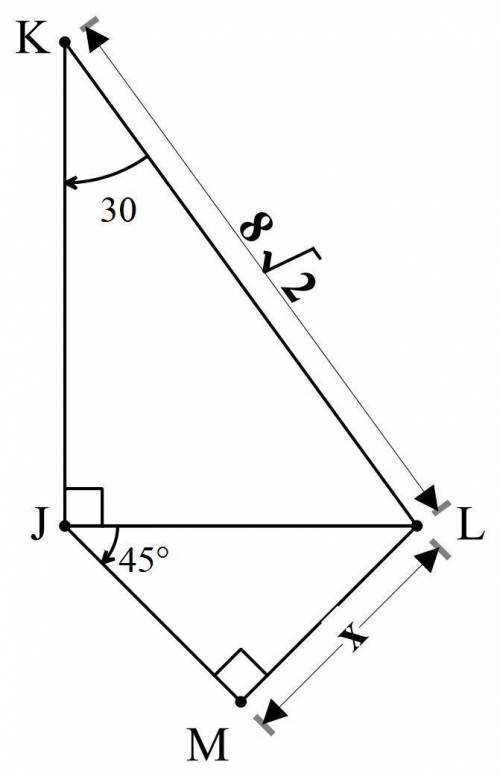 What is the value of x?  the figure shows 2 right triangles, triangle k l j with right angle j and t