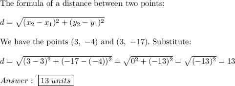 \text{The formula of a distance between two points:}\\\\d=\sqrt{(x_2-x_1)^2+(y_2-y_1)^2}\\\\\text{We have the points}\ (3,\ -4)\ \text{and}\ (3,\ -17).\ \text{Substitute:}\\\\d=\sqrt{(3-3)^2+(-17-(-4))^2}=\sqrt{0^2+(-13)^2}=\sqrt{(-13)^2}=13\\\\\ \boxed{13\ units}