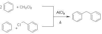 Give the product of the reaction of excess benzene (2 equivalents) with dichloromethane and alcl3.