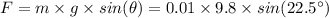 F=m\times g\times sin(\theta)=0.01\times9.8\times sin(22.5^{\circ})