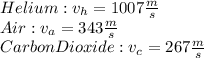 Helium: v_h=1007\frac{m}{s}\\ Air: v_a=343 \frac{m}{s}\\ Carbon Dioxide: v_c=267\frac{m}{s}