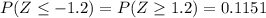 P(Z \leq -1.2)= P(Z \geq 1.2) = 0.1151