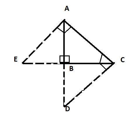 Triangle $abc$ has a right angle at $b$. legs $\overline{ab}$ and $\overline{cb}$ are extended past