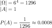 |\Omega|=6^4=1296\\|A|=1\\\\P(A)=\dfrac{1}{1296}\approx0.0008