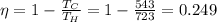 \eta = 1-\frac{T_C}{T_H}=1-\frac{543}{723}=0.249