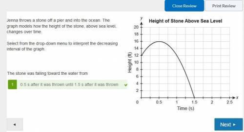 Jenna throws a stone off a pier and into the ocean. the graph models how the height of the stone, ab