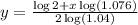 y=\frac{\log 2 +x \log (1.076)}{2 \log (1.04)}