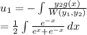 u_1= - \int \frac{y_2g(x)}{W(y_1,y_2)}\\=\frac{1}{2}\int \frac{e^{-x}}{e^x+e^{-x}}\,dx\\