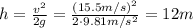 h= \frac{v^2}{2g}= \frac{(15.5m/s)^2}{2\cdot 9.81 m/s^2}=12 m