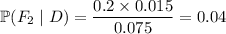 \mathbb P(F_2\mid D)=\dfrac{0.2\times0.015}{0.075}=0.04