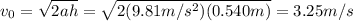 v_0 =  \sqrt{2ah}= \sqrt{2(9.81 m/s^2)(0.540 m)}  =3.25 m/s