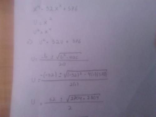 What are the real or imaginary solutions of the polynomial equation x^4-52x^2+576?