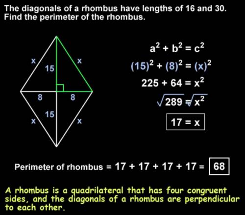 The diagonals of a rhombus are 16 and 30. what is the perimeter