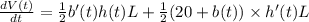 \frac{dV(t)}{dt}=\frac{1}{2}b'(t)h(t)L+\frac{1}{2}(20+b(t))\times h'(t)L