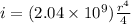i = (2.04 \times 10^9) \frac{r^4}{4}