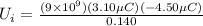 U_i = \frac{(9\times 10^9)(3.10 \mu C)(-4.50 \mu C)}{0.140}