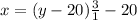 x= (y-20)\frac{3}{1} -20