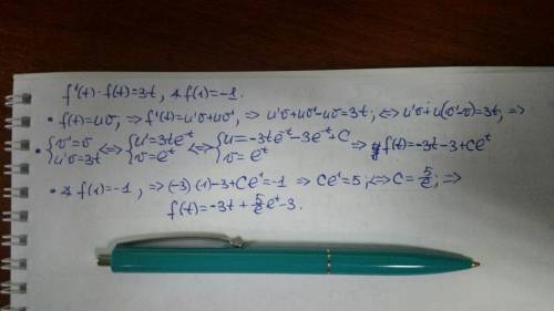 Find the function satisfying the differential equation f′(t)−f(t)=3t f′(t)−f(t)=3t and the condition