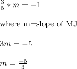 \frac{3}{5}*m=-1\\ \\ \text{where m=slope of MJ} \\ \\ 3m=-5\\ \\ m=\frac{-5}{3}
