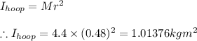 I_{hoop}=Mr^{2}\\\\\therefore I_{hoop}=4.4\times(0.48)^{2}=1.01376kgm^{2}