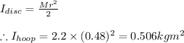 I_{disc}=\frac{Mr^{2}}{2}\\\\\therefore I_{hoop}=2.2\times(0.48)^{2}=0.506kgm^{2}