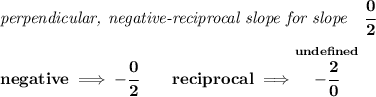 \bf \textit{perpendicular, negative-reciprocal slope for slope}\quad \cfrac{0}{2}\\\\&#10;negative\implies  -\cfrac{0}{ 2}\qquad reciprocal\implies \stackrel{und efined}{- \cfrac{ 2}{0}}
