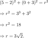 (5-2)^2+(0+3)^2=r^2\\\\\Rightarrow r^2=3^3+3^2\\\\\Rightarrow r^2=18\\\\\Rightarrow r=3\sqrt2.
