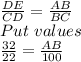 \frac{DE}{CD}= \frac{AB}{BC} \\&#10;Put \ values \\&#10; \frac{32}{22}= \frac{AB}{100}