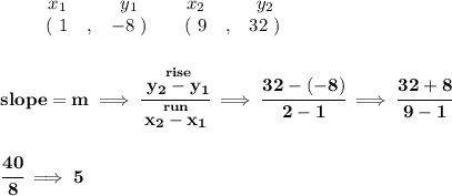 \bf \begin{array}{ccccccccc}&#10;&&x_1&&y_1&&x_2&&y_2\\&#10;%  (a,b)&#10;&&(~ 1 &,& -8~) &#10;%  (c,d)&#10;&&(~ 9 &,& 32~)&#10;\end{array}&#10;\\\\\\&#10;% slope  = m&#10;slope =  m\implies &#10;\cfrac{\stackrel{rise}{ y_2- y_1}}{\stackrel{run}{ x_2- x_1}}\implies \cfrac{32-(-8)}{2-1}\implies \cfrac{32+8}{9-1}\\\\\\ \cfrac{40}{8}\implies 5