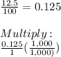 \frac{12.5}{100} = 0.125 \\ \\ Multiply: \\   \frac{0.125}{1} ( \frac{1,000}{1,000)} )