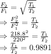 \frac{F_2}{F_1}=\sqrt{\frac{T_1}{T_2}}\\\Rightarrow \frac{F_2^2}{F_1^2}=\frac{T_1}{T_2}\\\Rightarrow \frac{218.8^2}{220^2}=\frac{T_1}{T_2}\\\Rightarrow \frac{T_1}{T_2}=0.9891