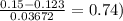\frac{0.15-0.123}{0.03672} =0.74)