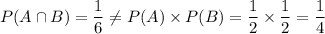 P(A\cap B)=\dfrac{1}{6}\neq P(A)\times P(B)=\dfrac{1}{2}\times\dfrac{1}{2}=\dfrac{1}{4}