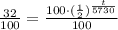 \frac{32}{100}=\frac{100\cdot(\frac{1}{2})^{\frac{t}{5730}}}{100}