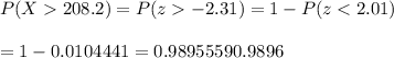 P(X208.2)=P(z-2.31)=1-P(z