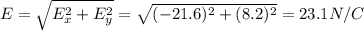 E=\sqrt{E_{x}^{2}+E_{y}^{2}}=\sqrt{(-21.6)^{2}+(8.2)^{2}}=23.1 N/C