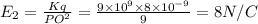E_{2}=\frac{Kq}{PO^{2}}=\frac{9\times 10^{9}\times 8\times 10^{-9}}{9}=8 N/C