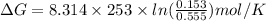 \Delta G=8.314\times 253\times ln(\frac{0.153}{0.555})mol/K