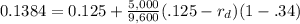 0.1384 = 0.125 + \frac{5,000}{9,600} (.125-r_d)(1-.34)