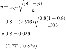 p\pm z_{\alpha/2}\sqrt{\dfrac{p(1-p)}{n}}\\\\=0.8\pm(2.576)\sqrt{\dfrac{0.8(1-0.8)}{1305}}\\\\\approx0.8\pm0.029\\\\=(0.771,\ 0.829)